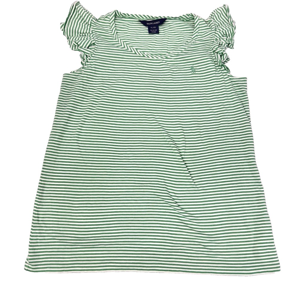 Ralph Lauren‎ Ruffle Embroidered Logo Cotton Striped Top Green Youth XL (16)